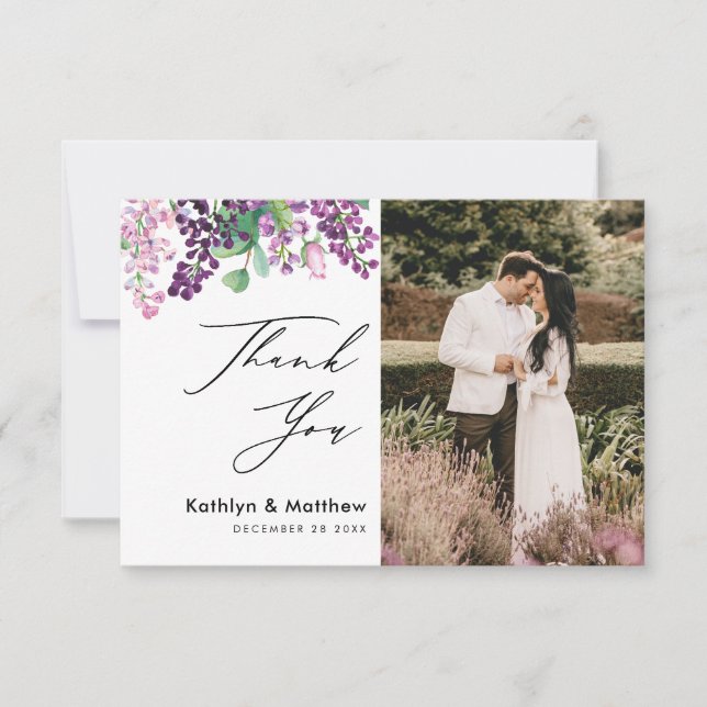 Purple Floral Elegant Script Photo Thank You Card  (Front)