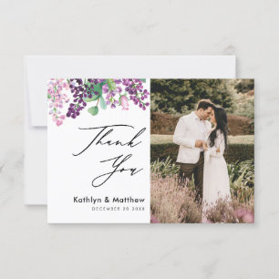 Purple Floral Elegant Script Photo Thank You Card 