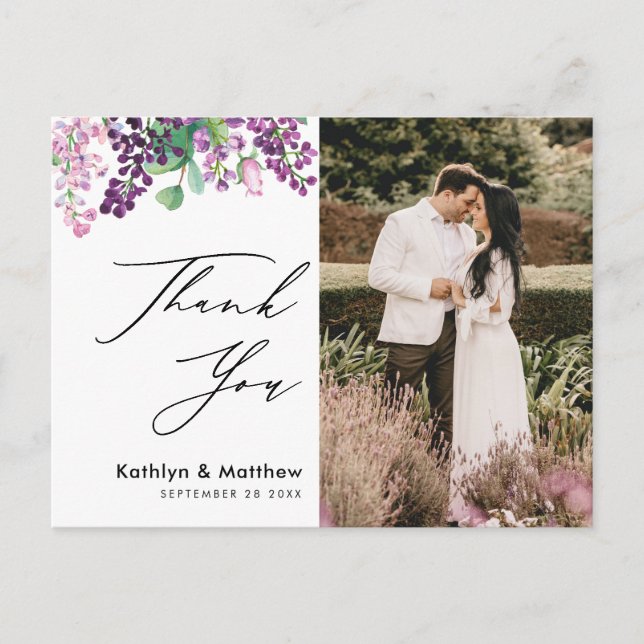 Purple Floral Elegant Script Wedding Thank You Postcard (Front)