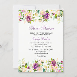 Purple Floral Elegant Sweet Sixteen Invitation