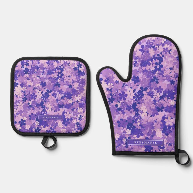 Purple Floral Elegant Violet Blossom Pattern Oven Mitt & Pot Holder Set (Front)