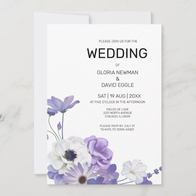 Purple Floral Elegant Wedding Invitation (Front)