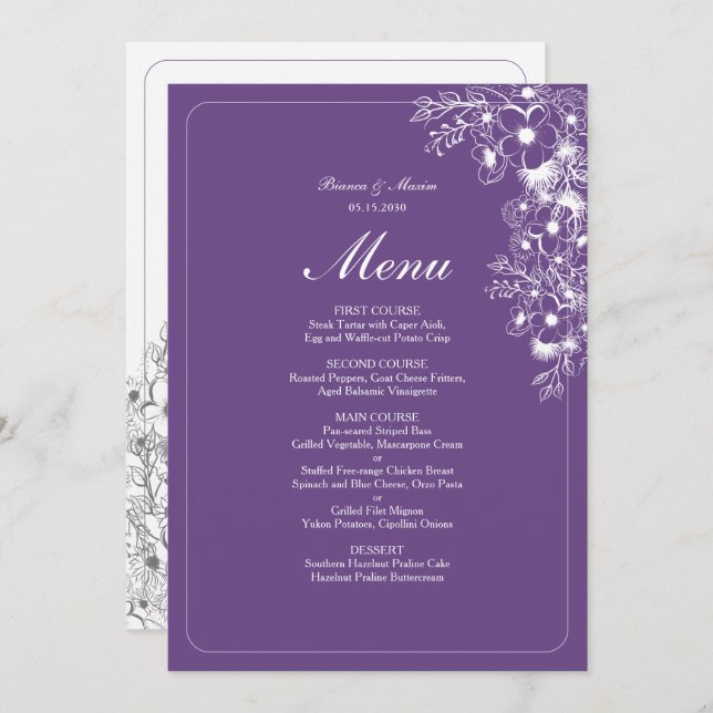 Purple Floral Elegant Wedding Menu (Front/Back)