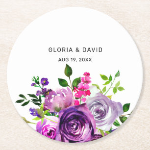 Purple Floral Elegant Wedding Round Paper Coaster