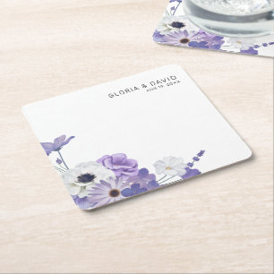 Purple Floral Elegant  Wedding  Square Paper Coaster