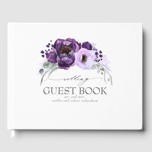 Purple Floral Elegant White Wedding Guest Book (Front)