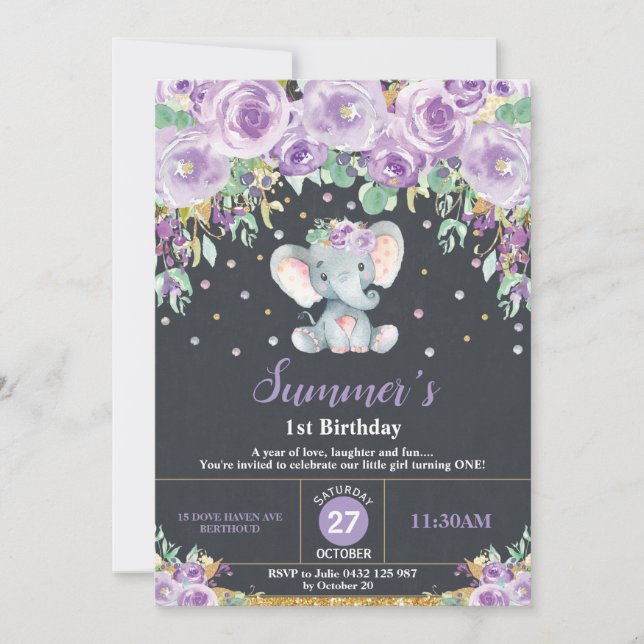 Purple Floral Elephant 1st Birthday Chalkboard Invitation (Front)
