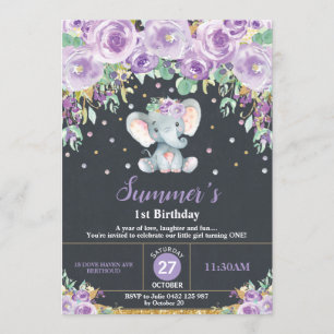 Purple Floral Elephant 1st Birthday Chalkboard Invitation