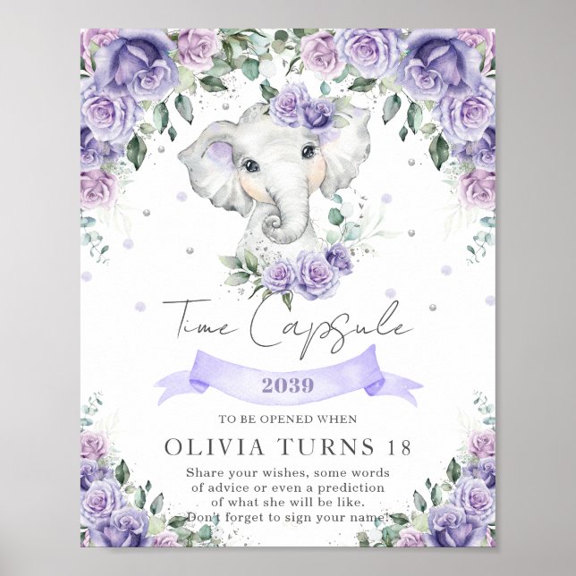 Purple Floral Elephant 1st Birthday Time Capsule  Poster (Front)