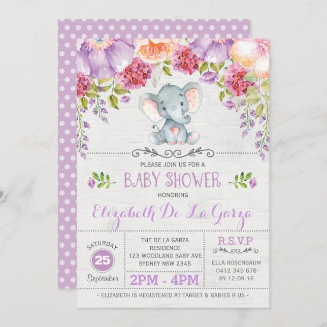 Purple Floral Elephant Baby Girl Shower Invitation (Front/Back)