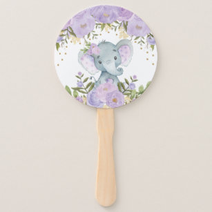 Purple Floral Elephant Baby Shower Birthday Hand Fan