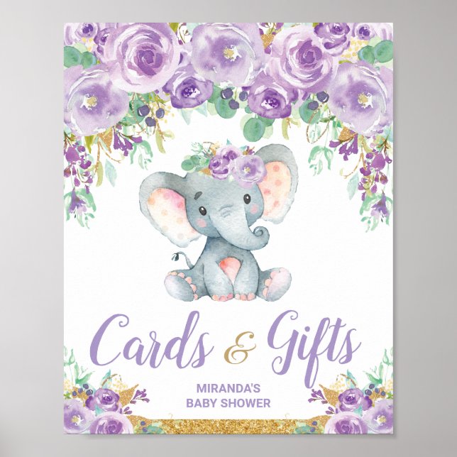 Purple Floral Elephant Baby Shower Cards Gifts Poster (Front)