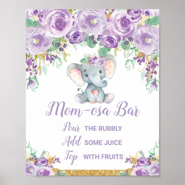 Purple Floral Elephant Baby Shower Momosa Bar Sign (Front)