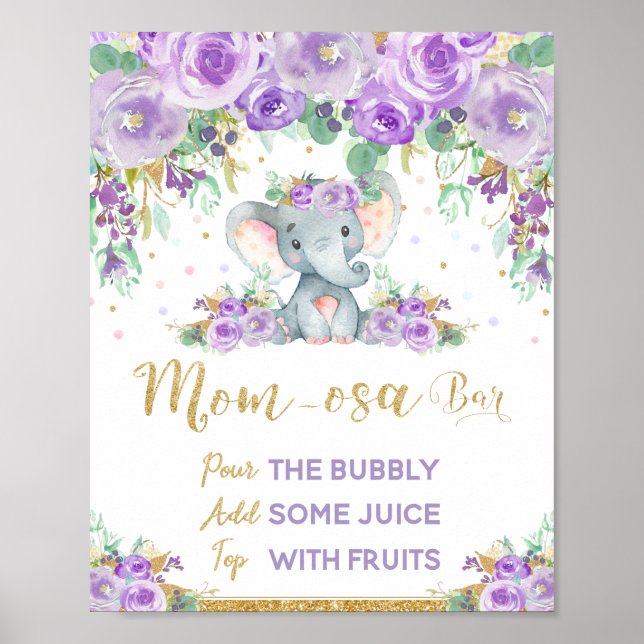 Purple Floral Elephant Baby Shower Momosa Bar Sign (Front)
