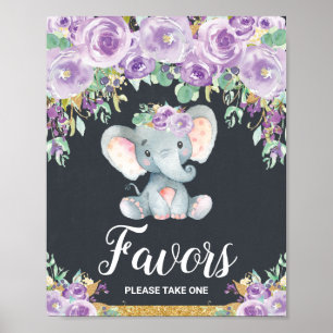 Purple Floral Elephant Baby Shower Party Favours Poster