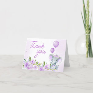 Purple Floral Elephant Baby Shower Thank You Card