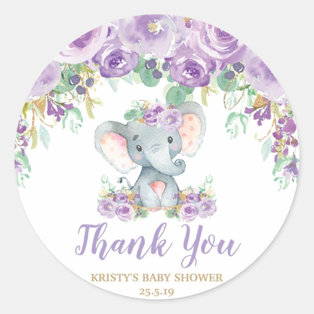 Purple Floral Elephant Baby Shower Thank You Favor Classic Round Sticker (Front)