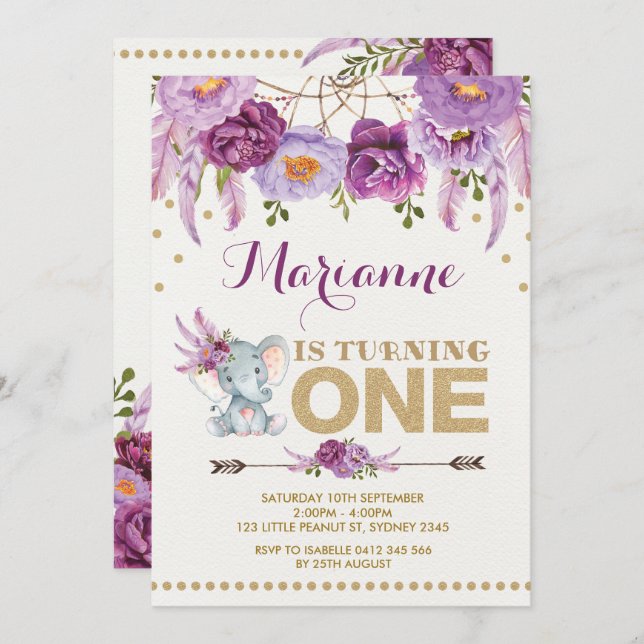 Purple Floral Elephant Boho Birthday Invitation (Front/Back)