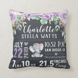 Purple Floral Elephant New Baby Girl Birth Stats Cushion