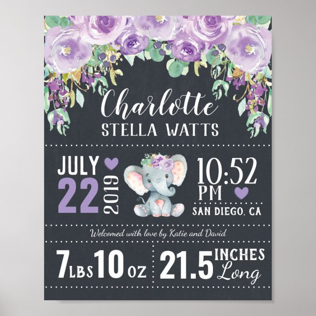 Purple Floral Elephant New Baby Girl Birth Stats Poster (Front)