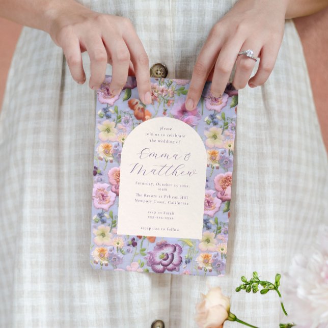 Purple Floral Embroidery Maximalist Wedding Invitation (Bride holding their wedding invitation card, which features a purple floral embroidery pattern & arc)