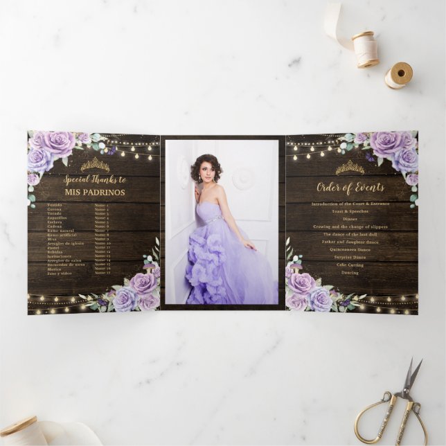 Purple Floral Enchanted Forest Quinceañera Program Tri-Fold Invitation (Inside)