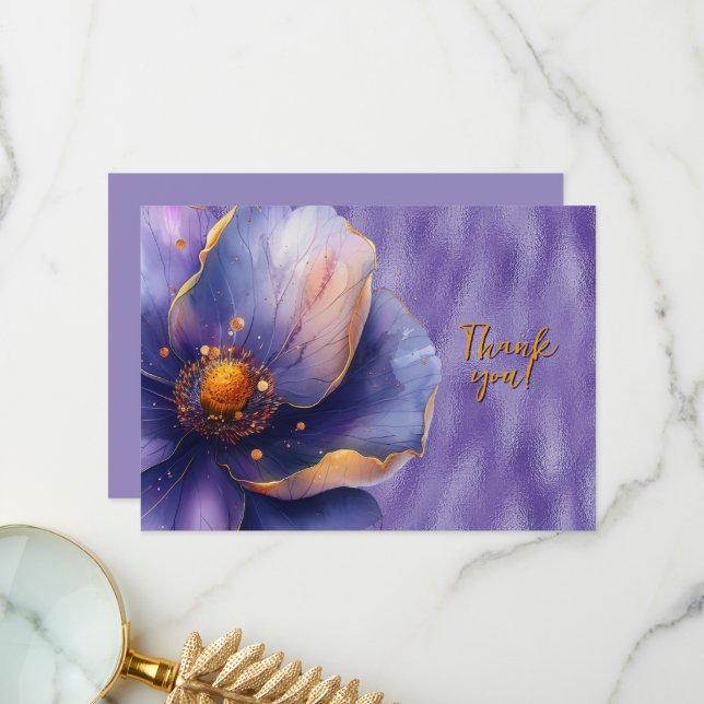 Purple Floral Enlarged on Shiny Purple Thank You Card (Front/Back In Situ)