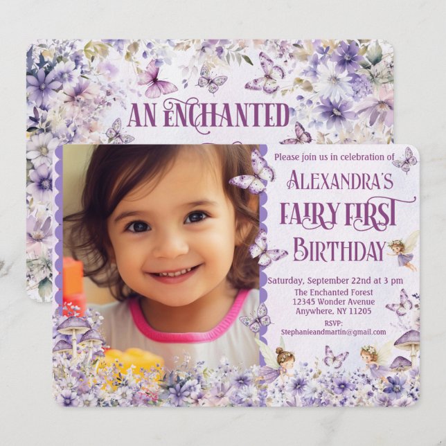 Purple Floral Fairy First Photo Birthday Invitation (Front/Back)