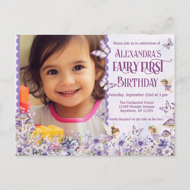 Purple Floral Fairy First QR Code Photo Birthday Invitation Postcard (Front)