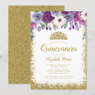 Purple Floral Faux Gold Glitter Tiara Quinceanera Invitation
