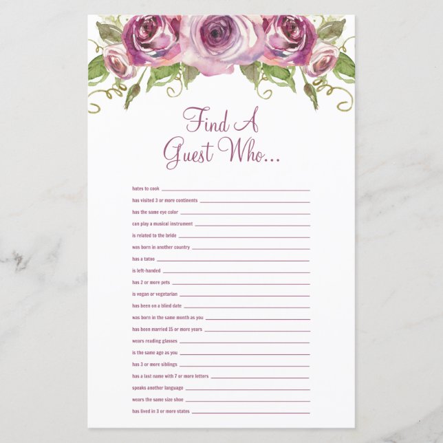 Purple Floral Find the Guest Bridal Shower Game (Front)
