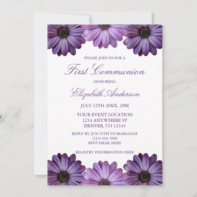 Purple Floral First Communion Invitation (Front)