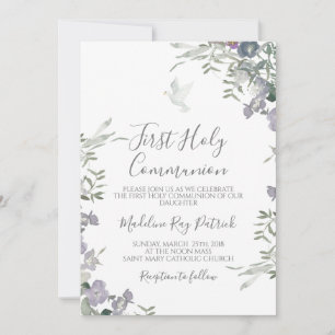 Purple Floral First Communion Invitation