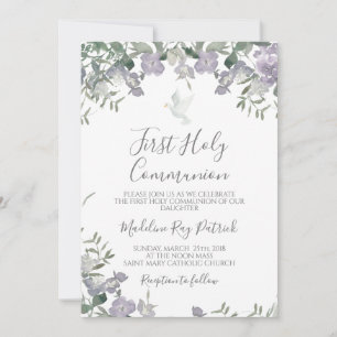 Purple Floral First Communion Invitation