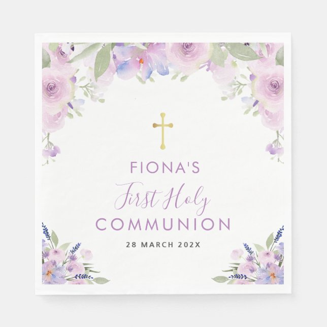 purple floral first communion napkin (Front)