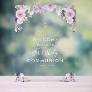 Purple floral first communion welcome acrylic sign