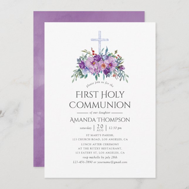 Purple Floral First Holy Communion Invitation (Front/Back)