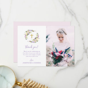 Purple Floral First Holy Communion Photo Thank You Card
