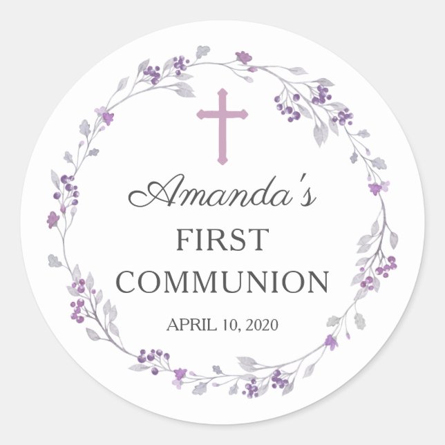 Purple Floral First Holy Communion Sticker (Front)