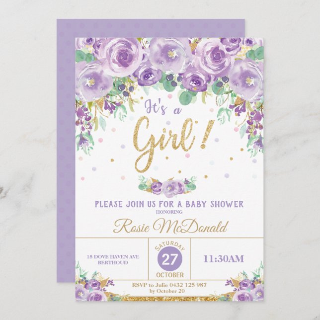 Purple Floral Flowers Baby Shower It's a Girl Invitation (Front/Back)