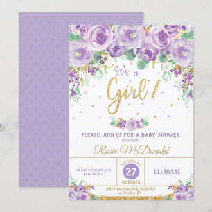 Purple Floral Flowers Baby Shower It's a Girl Invitation