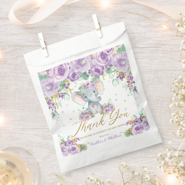 Purple Floral Flowers Cute Elephant Baby Shower Favour Bag (Clipped)
