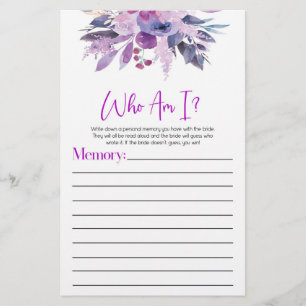 Purple Floral Flowers Who Am I Bridal Shower Game Stationery