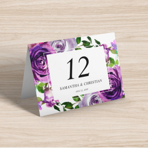 Purple Floral Folded Tent Wedding Table Number 