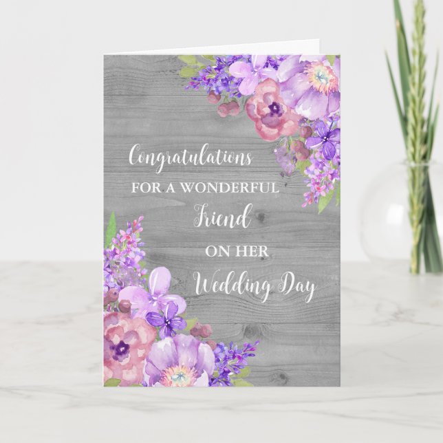 Purple Floral Friend Wedding Day Congratulations Card (Front)