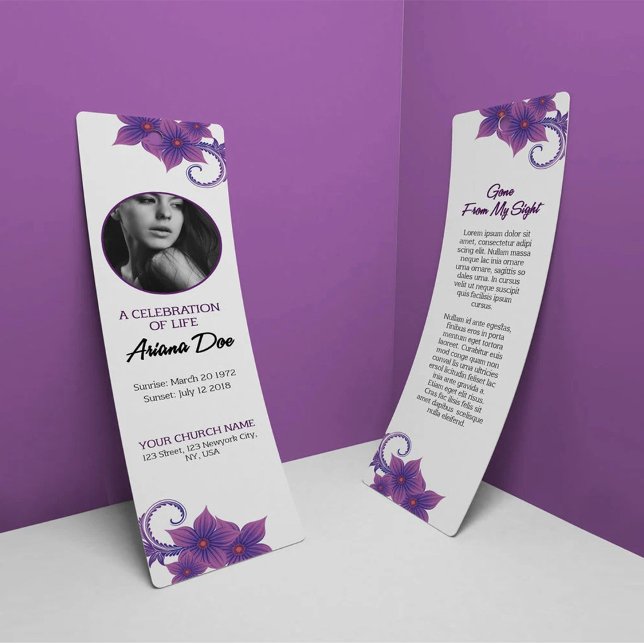 Purple Floral Funeral Bookmark Template (Creator Uploaded)