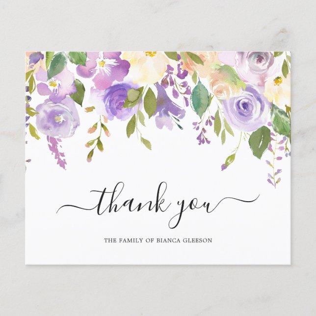 Purple Floral Funeral Budget Thank You Card (Front)