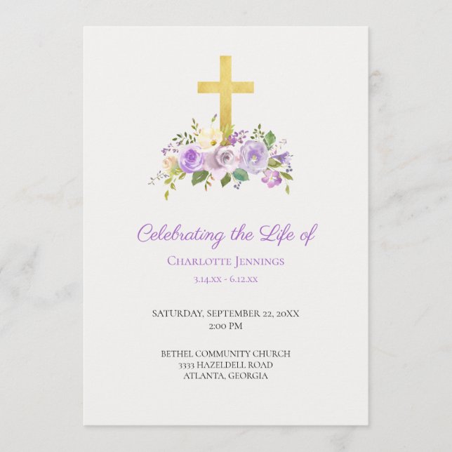 Purple Floral Funeral Memorial Order of Service Program (Front)