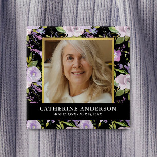 Purple Floral Funeral Memorial Photo Button