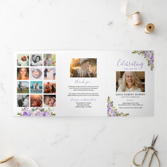 Purple Floral Funeral Memorial Program Tri-Fold Invitation (Outside)